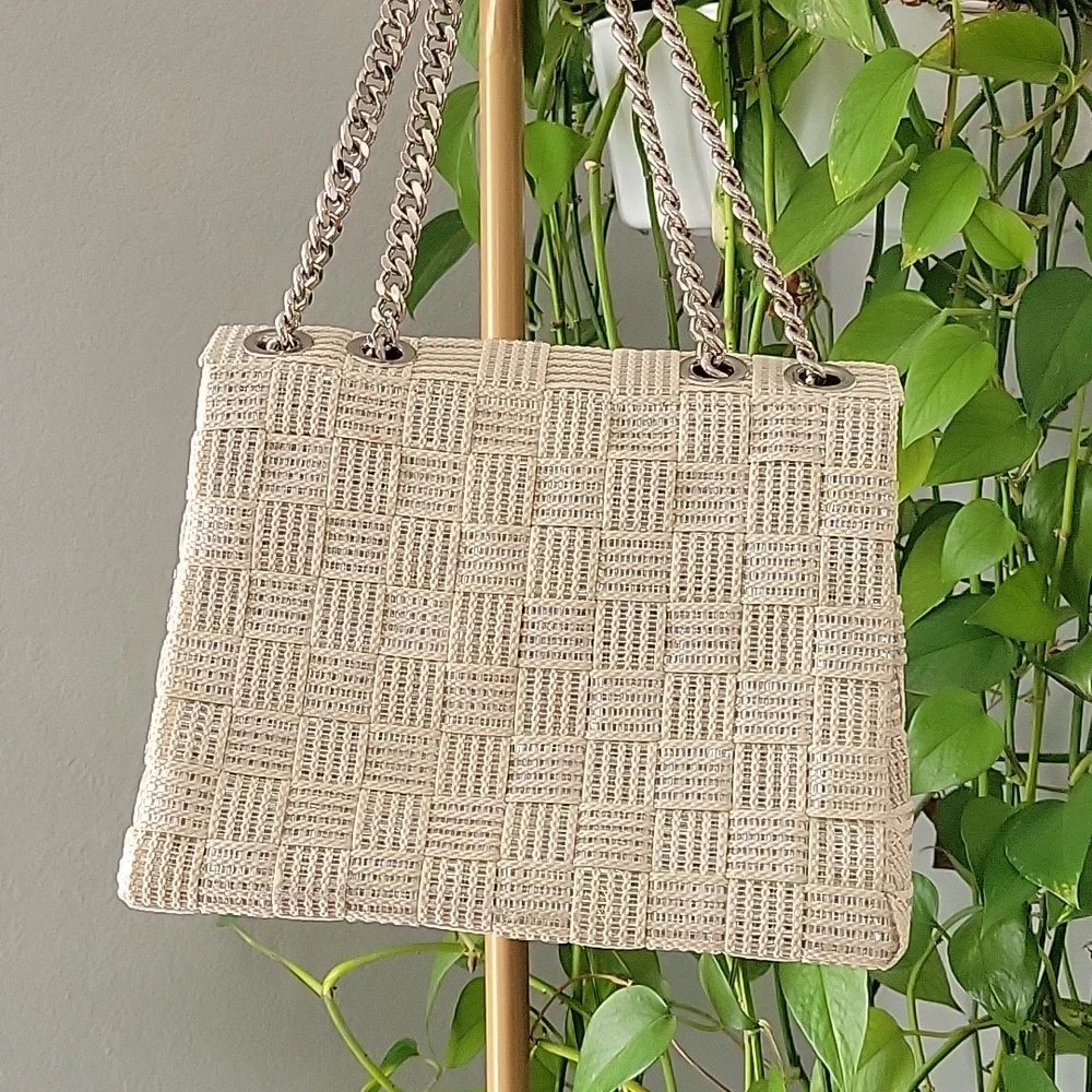 vintage Alma Tonutti tan and silver metallic woven shoulder bag